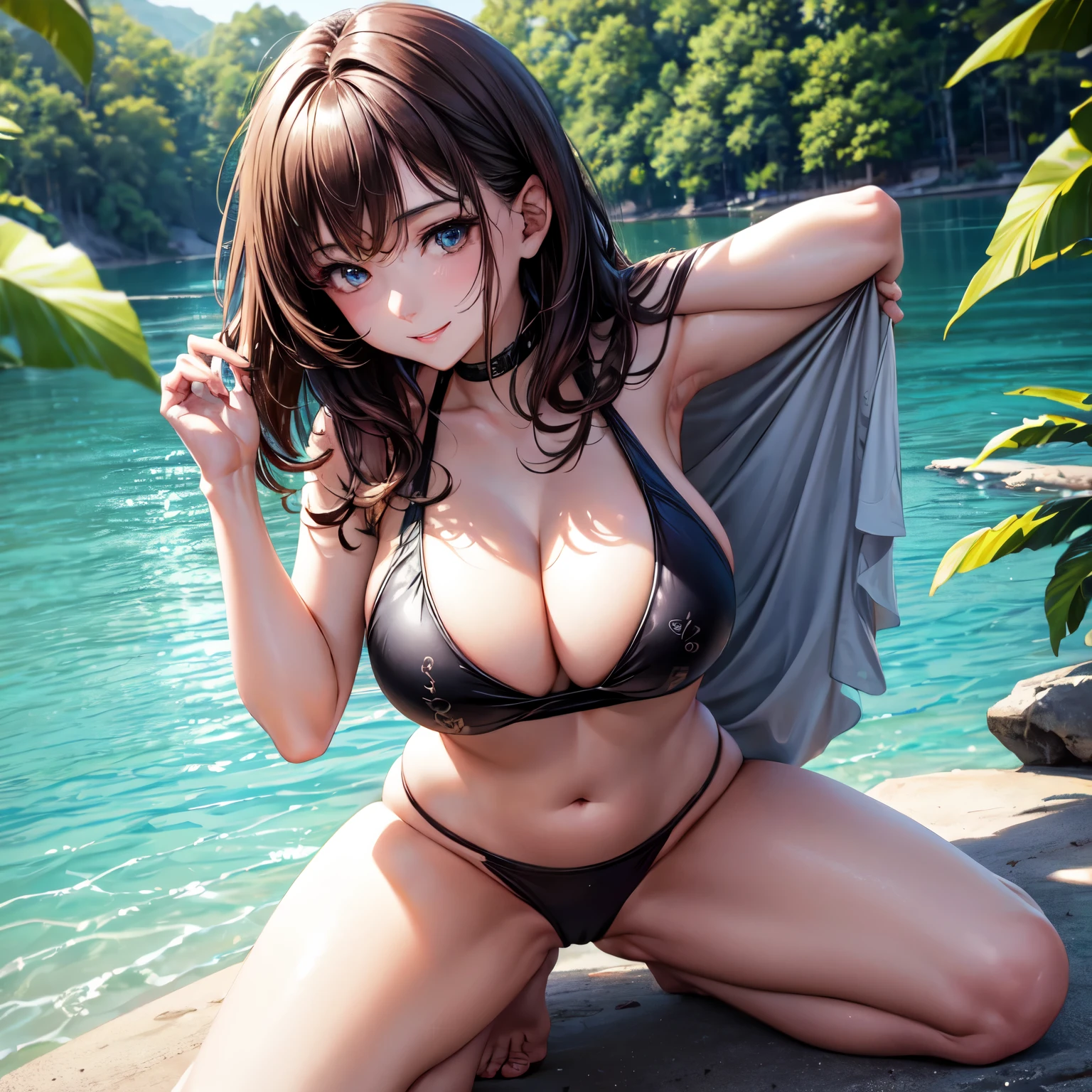 (4K,masterpiece,best quality,ultra detailed),(from front),(daylight,bloom),female,(sq
uatting,spread legs),(20-years-old),(bob hair,dark brown hair),(beautiful detailed face,beautiful detailed eyes,finely detailed skin,beautiful big breast,beautiful big hip,fair skin),light smile,(fitness swimsuits),on the beautiful lake side,