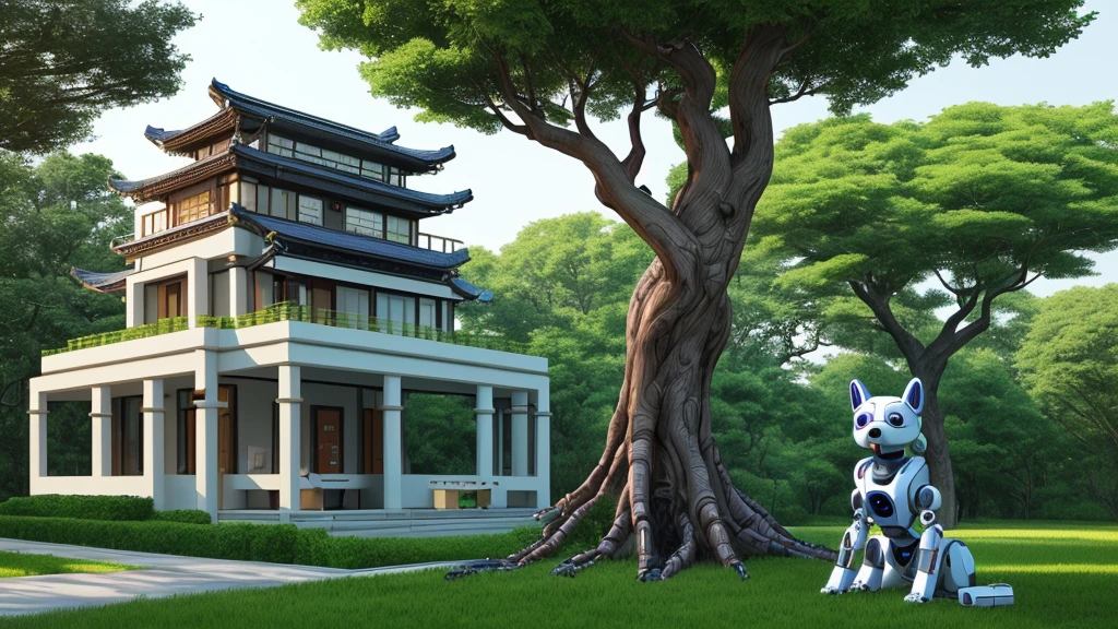 Robot Dog，house，Tree，Tree上的秋千