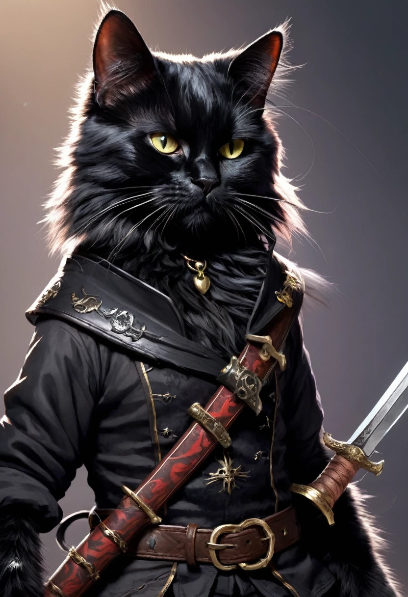 a black cat, sword in hand, fluffy, battle scars on body, pirate outfit