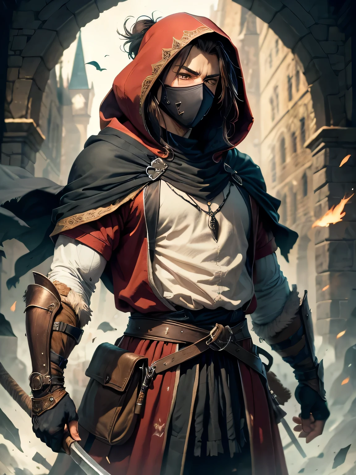 a medieval man, hooded, rogue, warrior, strong, black and red clothes, ninja mask