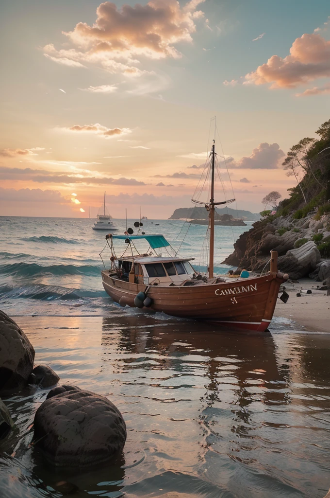 Turquoise waters lap gently against the Mexican Panga's hull as fishermen navigate their boat with awning,
anchored in the beach shore. The sky above is a masterpiece of pink and orange hues, reminiscent of an oil painting.
Fishing rods lean against the side of the vessel, while palapas and rock formations rise from the shoreline.
People stroll along the beach, adding warmth to the scene. In the distance, a colorful,
realistic painting of fantastical creatures appears in the landscape's depth.
The camera captures a sharp focus, employing the rule of thirds to place the subject at the intersection of two diagonals.
Filmed during magic hour, the brilliant white light casts a cool atmosphere, inviting the viewer to enter this mystical realm.