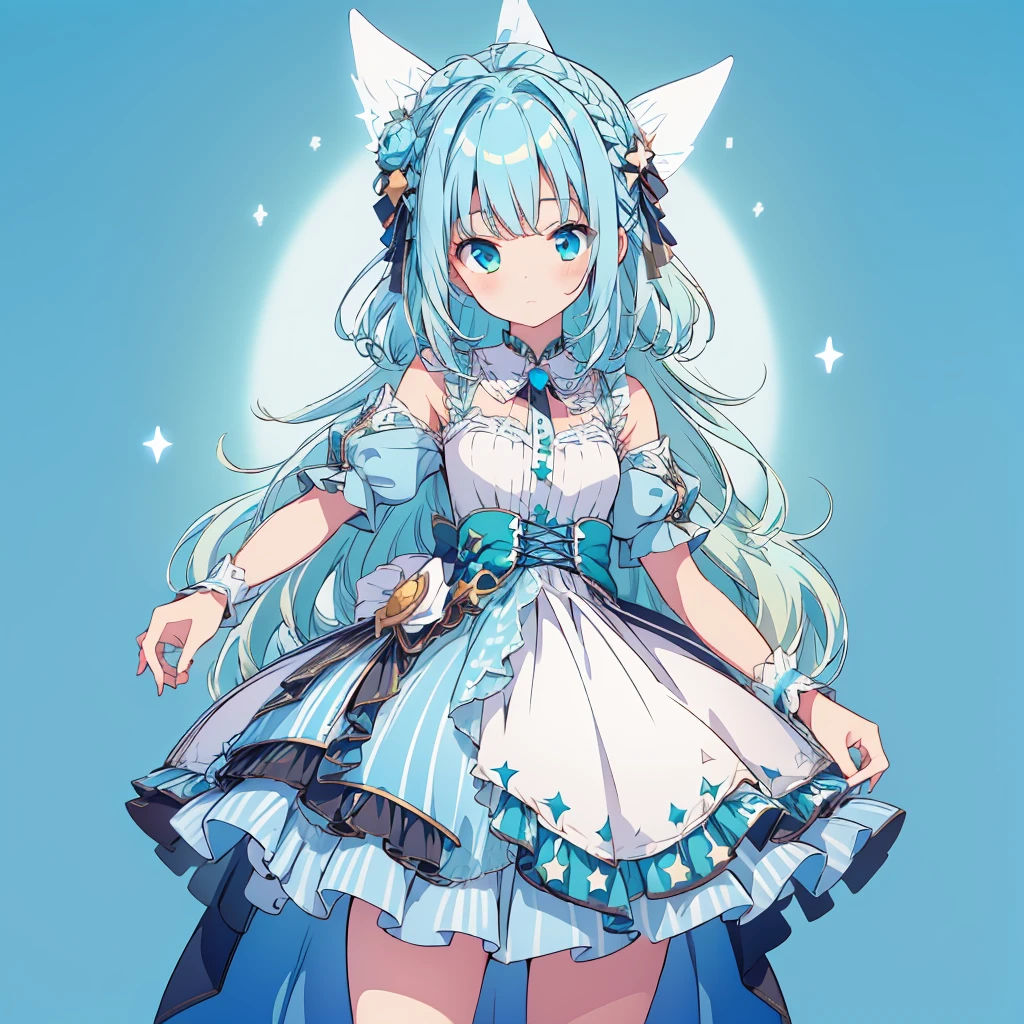 1girl、Star Fairy、Star incarnation、Character design front view、A picture facing the viewer、(((Super detailed、Highest quality、Masterpiece)))、Original cute hairstyle、Milky white and blue hair color、Simple Green Background、vtuber-fullbody,Alice、