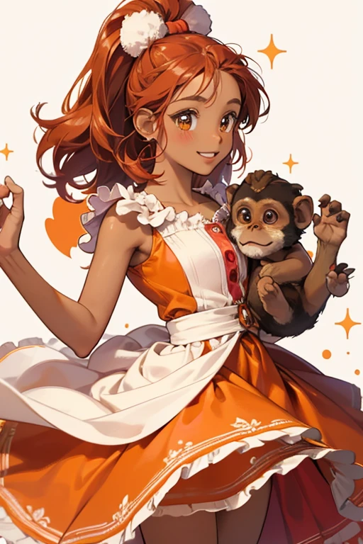 Tickles is a brown girl monkey with a tan-brown face, inside ears, and paws. She has light pink cheeks and wears a big red bow on the middle of her head. Her dress is orange with red, light orange, and white markings. Fuchsia buttons are attached to the red straps and neck piece on the dress, with red pom-poms lining the skirt. SPARKLE; GLITTER