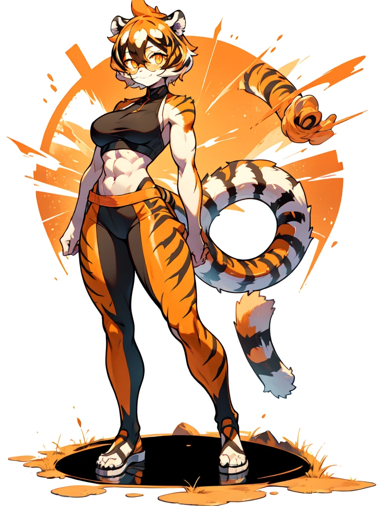 white background, full body, 1girl, solo, Standing:1.5, animal ears, white hair, black hair, short hair, large breasts, Abdominal muscles, tail, orange eyes, orange hair, multicolored hair, tiger girl, hair between eyes, tiger_ears, tiger_tail, orange-tinted_eyewear, tinted_eyewear, big breasts, evil smile, Shadows under feet, sey ass,only underwear,(((tiger outfit:1.2)))