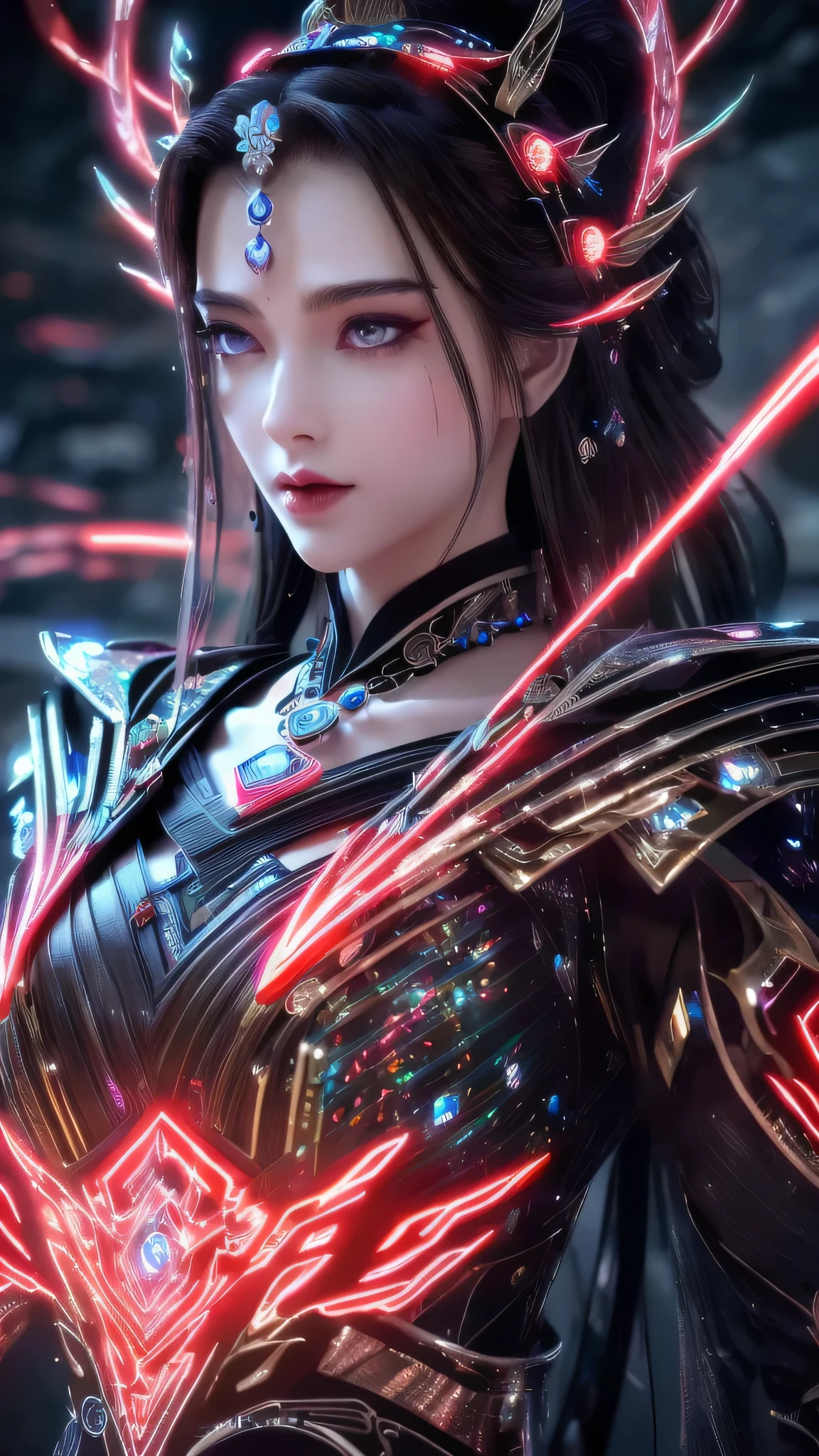 Superior quality, tmasterpiece, A high resolution, ((Photorealist: 1.4), photo RAW, - , water, rock, black and glow, red glow crystals, - 1GIRL, WOMAN, goddess warrior, hard, ultron futuristic suit, cybersuit, glow suit, glow eyes, beautiful woman, red gliiter lip, crystals