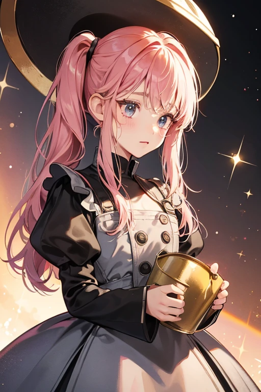 Tinny is a metal skinned girl with basic black eyes and pink cheeks. She has pigtail hair and straight cut bangs, worn with a tin hat that resembles a funnel, or oil can.
Tinny wears a plain, metal sheet-like dress with a red heart at the corner of her chest, puff sleeves, and a bel SPARKLE; GLITTER