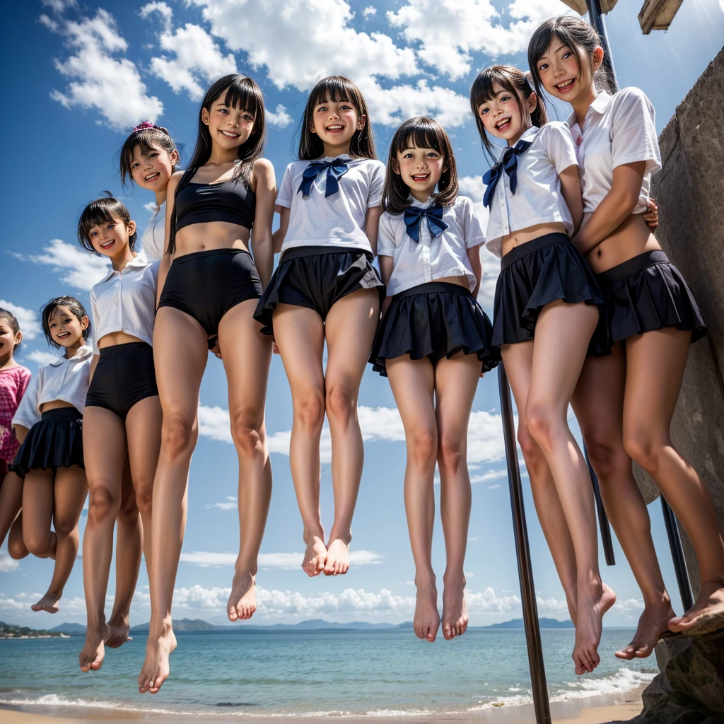  Masterpiece of ProfessionalPhoto ((ExtremelyDetailed (12 PICHIPICHI KAWAII Girls Floating in The Air in a row:1.37) in WHITE at Dusk Enoshima Beach)), {(Standing Full Body:1.2)|(from below:1.2)|Detailed KAWAII face}, Different types of hair colors, {(skinny(school swimwear))|(SchoolUniform)with Tiny AthleticShorts}, {(Corrected Childish hand)|Hidden hand|Different types of breasts|(Clearly Visible the shape of Butt)}, Joyful Expressions LifeLike Rendering, (Detailed clothing texture), PerfectLighting, (Dazzling Horizon Visible through ThighGap), (Starry IridescentParticles:1.22) ColorfulClouds