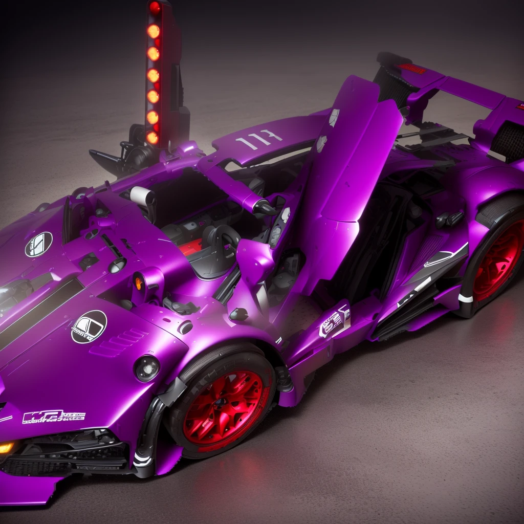 purple toy car with red wheels and black roof, it has six thrusters in the back, detailed wide plan, highly detailed toy, vista frontal superior lateral, cinematic frontal photo, frontal photo, taken with sony alpha 9, eva unit-00 on the back, intricate detailed racing car, bold lamborghini style, hyper detailed masterpiece, top and side view