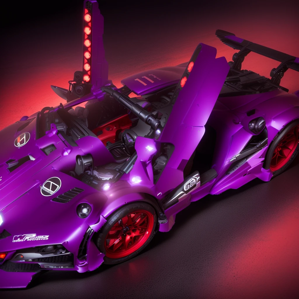 purple toy car with red wheels and black roof, it has six thrusters in the back, detailed wide plan, highly detailed toy, vista frontal superior lateral, cinematic frontal photo, frontal photo, taken with sony alpha 9, eva unit-00 on the back, intricate detailed racing car, bold lamborghini style, hyper detailed masterpiece, top and side view