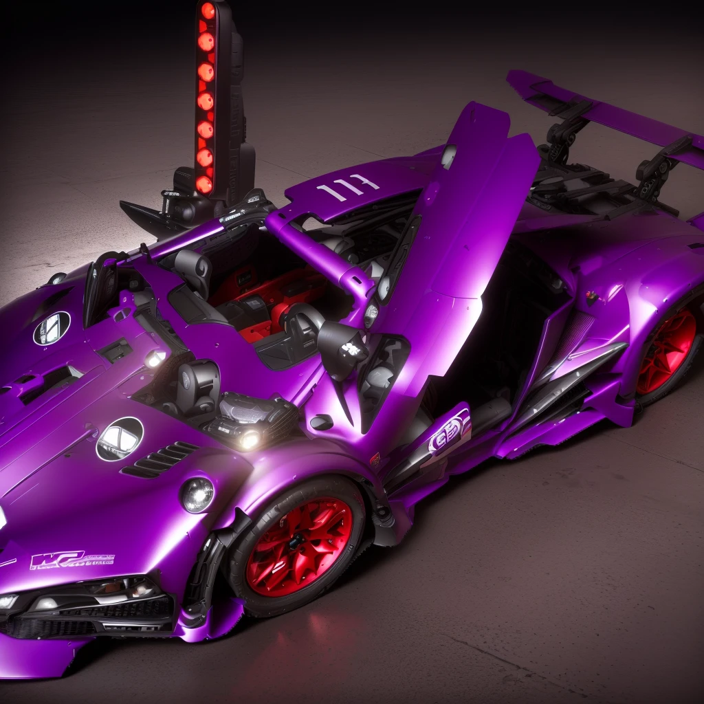 purple toy car with red wheels and black roof, it has six thrusters in the back, detailed wide plan, highly detailed toy, vista frontal superior lateral, cinematic frontal photo, frontal photo, taken with sony alpha 9, eva unit-00 on the back, intricate detailed racing car, bold lamborghini style, hyper detailed masterpiece, top and side view