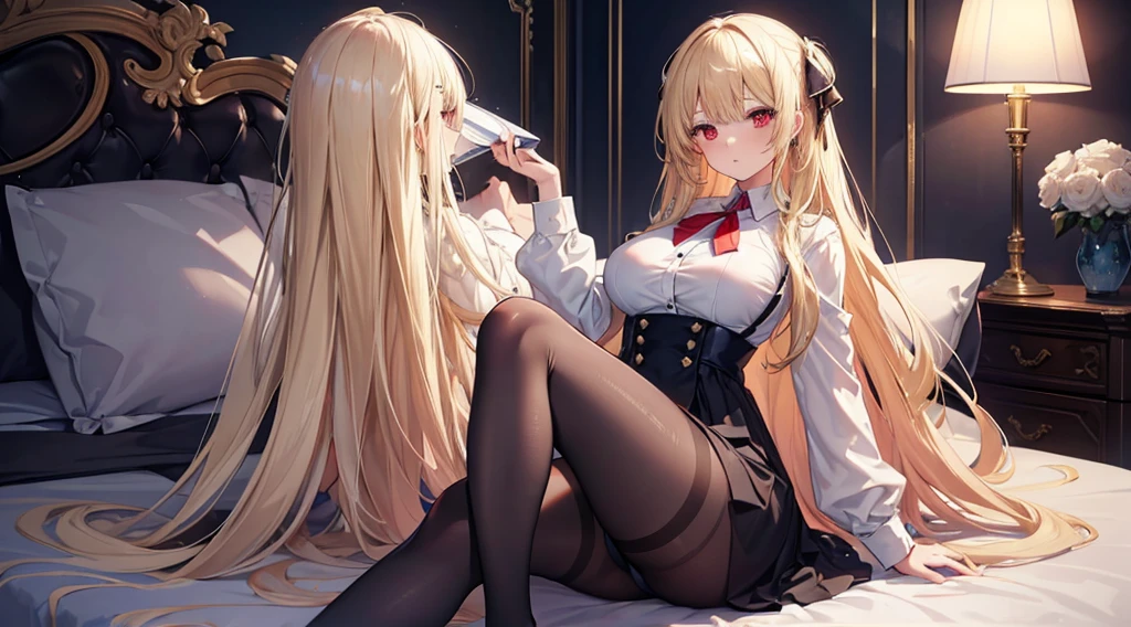 Highest quality, masterpiece, figure, wallpaper,One girl,White shirt, Light Hair, Beautiful detailed girl, Highly detailed eyes and face, Beautiful attention to detail, Shine,Browsing Caution, View your viewers, bed, night, Black Pantyhose, Straight hair, Red Eyes, long hair,Blonde, thick_Thighs, Large Breasts, Red eyes,