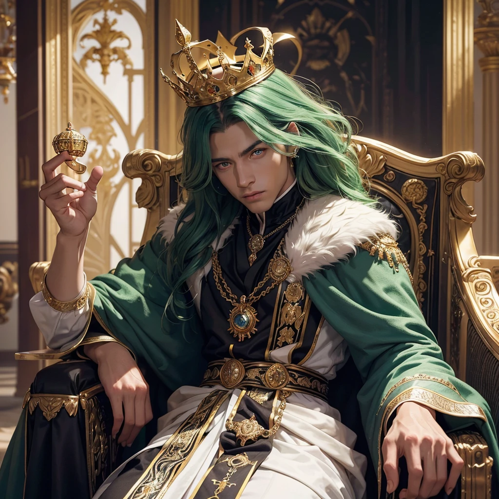 A man with a king's crown, the man with stunning appearance, having a 'V' shaped face, having a defined body with a defined and muscular chest, he has arms and hands, veins showing, he has healthy eyes slightly drawn, with light green eyes, he has long hair that goes down to his waist, his hair color is black, he must have a piercing in his left ear, his skin tone is white, this man must be sitting on a throne royal while wearing luxurious black king clothes with some gold parts, clear lighting, the setting is on the royal throne of a king's castle