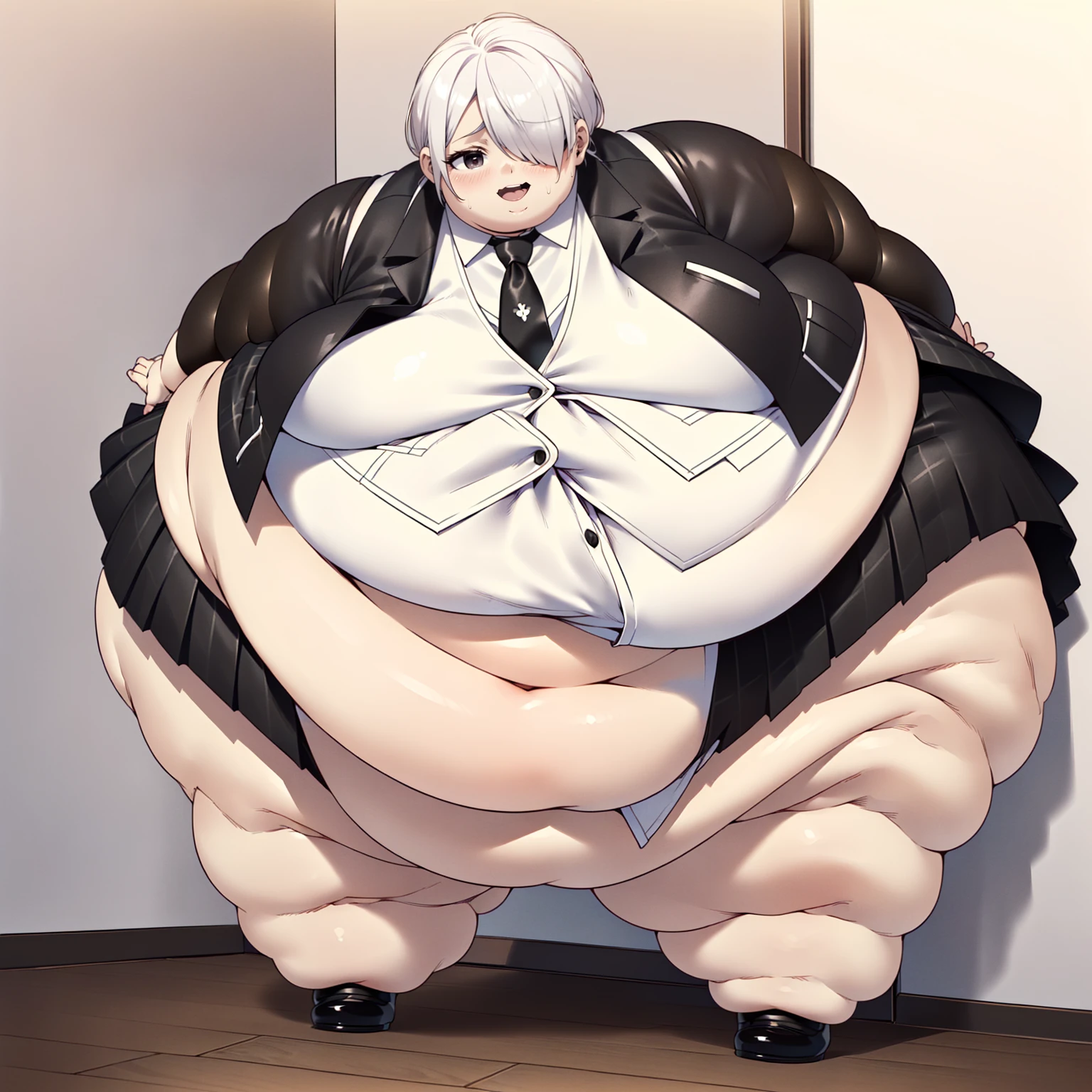 (((baby))), (((little cutie))), (((short stature))), (((White shirt, vest, vest negro, tie, Short skirt, Masterpiece, 4k ))), ((white hair with fringe covering one eye)), ((chubby)), (((Obese))), ((Fat face)), (((1 big big belly))), (((Open mouth))), fat and wide thighs, belly, (((tender pose ))), (((in a room))), detailed background, ((full body image)), (((fat rolls))), 