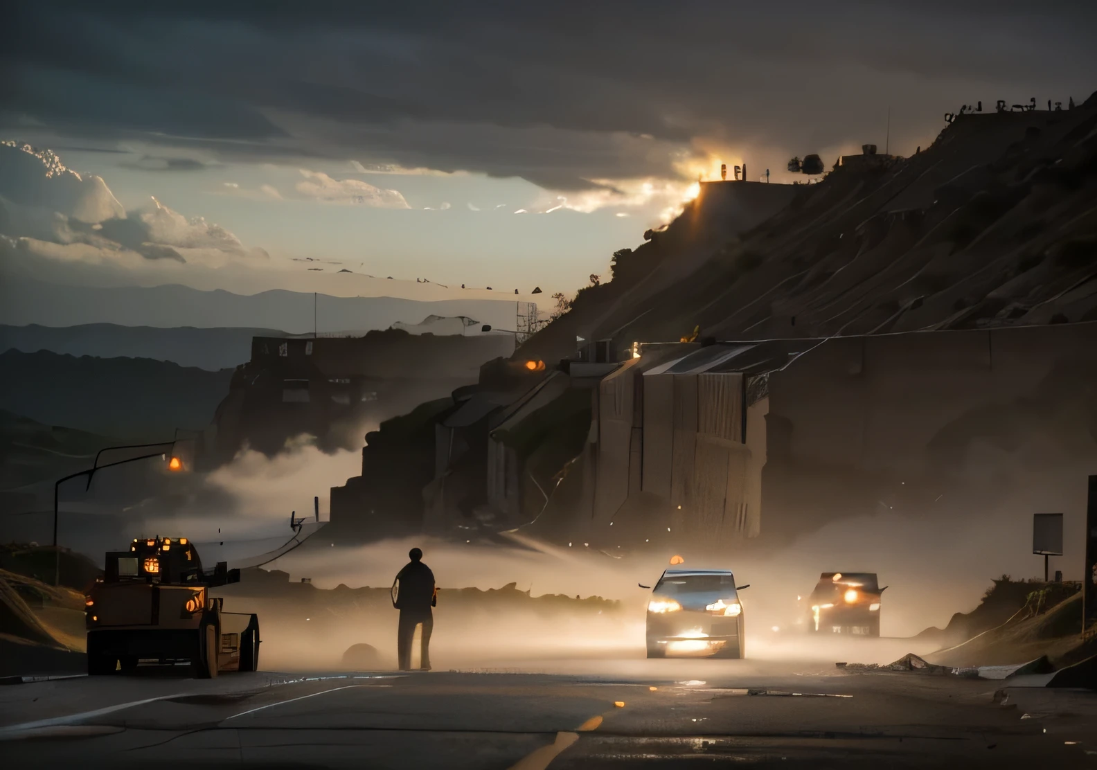 Warehouse, epic, absurdres, (workers behind set 1.1) cinematic, dynamic view angle, volumetric lights, mist, cinematic, dutch angle, quarry, dust, volumetric lights, wet road after rain, mist, sunset, sun low on horizon, cloud, landmark project