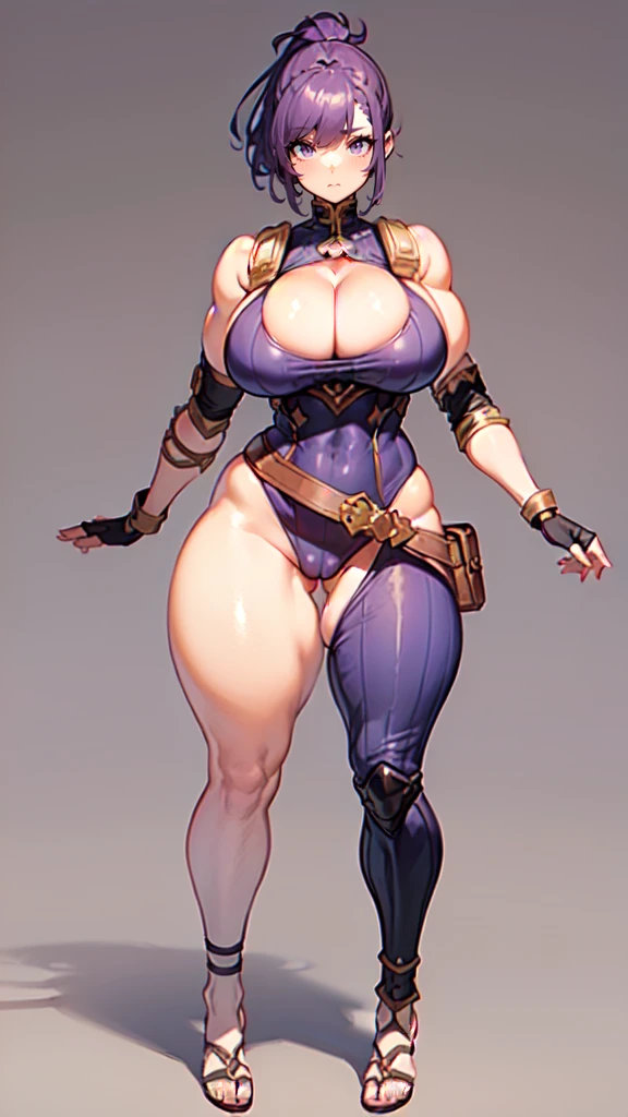 (masterpiece), best quality, female warrior, huge girl, female muscular:1.2, shoulder armor, pauldron, (curvy:1.7), (((blank background))), ((full body)), fingerless gloves, sandals, sleeveless, covered nipples, ((buzzcut hairstyle)), purple hair, hair over eyes, ((very big legs:1.4)), ((camel toe)), (cleavage), 