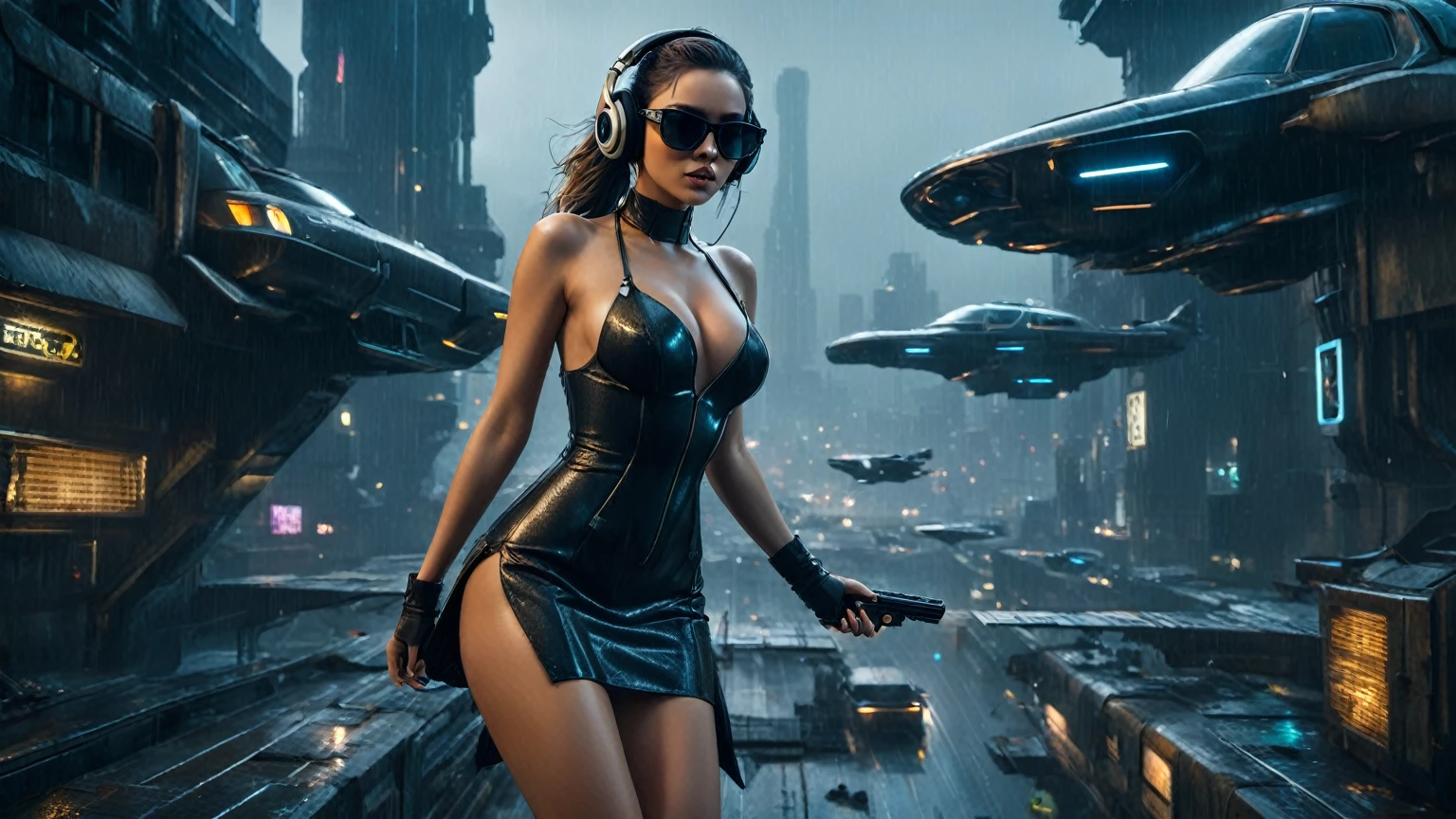 (aerial view, a flying cars docking platform, a very dark abandoned futuristic city), rainy night. (((1girl, solo, alone))), large-breast:1.2 slim body, cleavage:1.1, sexy wind blowing dress:1.4, (((headphone, black sunglasses, standing and holding pistol:1.8, dynamic rushing pose))), (((((half-body thigh level medium shot))))), cinematic lighting, lens flare, ray tracing.