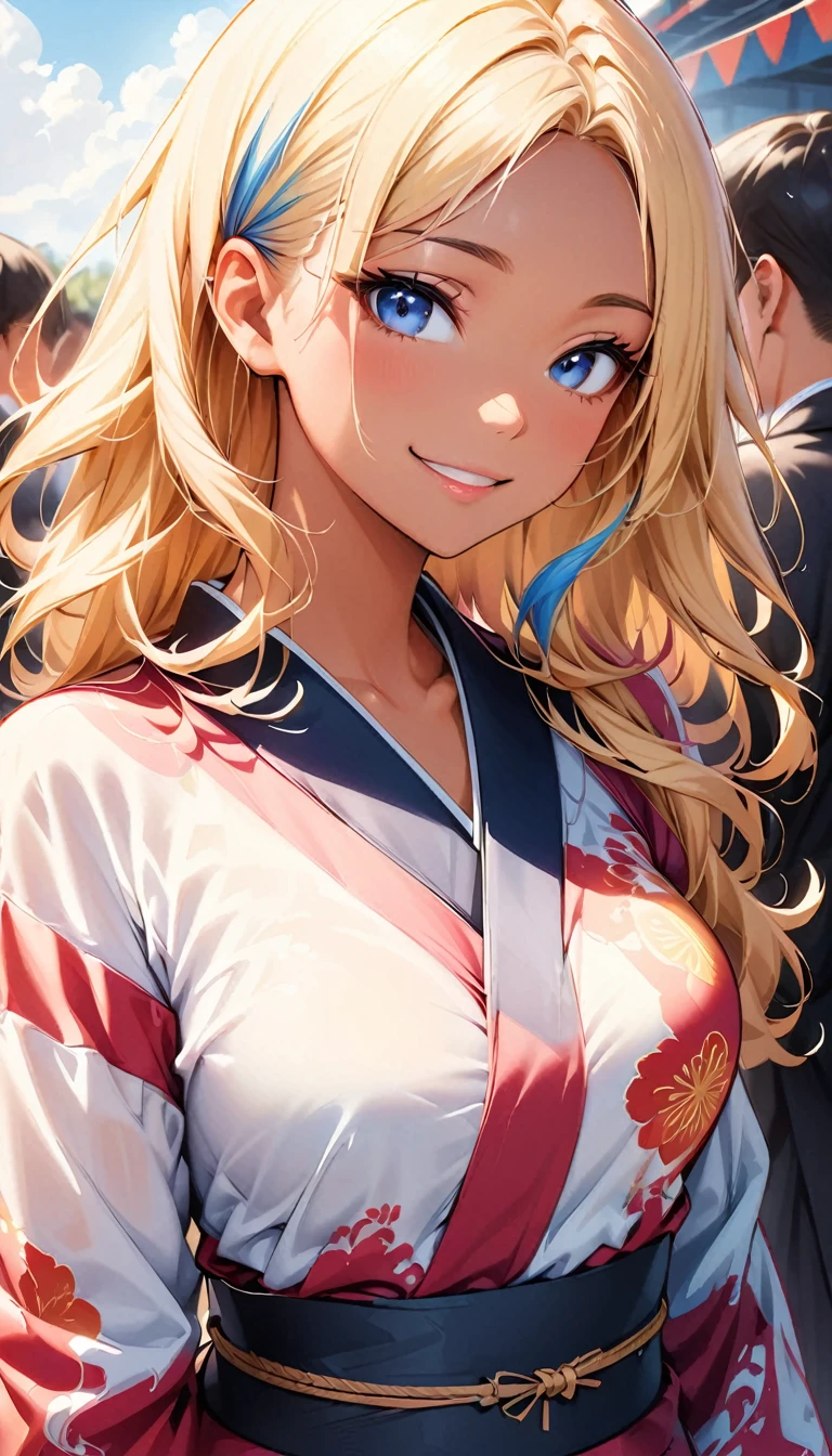 (highest quality:1.2, Very detailed, up to date, Vibrant, Ultra-high resolution, High Contrast, masterpiece:1.2, highest quality, Best aesthetics), Portraiture, girl, slim, 25 years old, Bright colors、Beautiful fine details、Beautiful lip detail、long hair, ((wavy hair:0.4))、messy hair, blonde and blue ((streaked hair:1.3)), highlights hair: 1.3, (medium breast:1), (tan skin:1.3), 、(traditional yukata), flower print, summer festival, bon dance, ((smile:1)), cowboy shot,