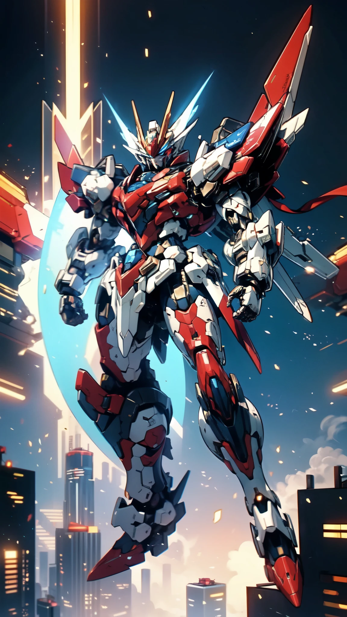 (masterpiece:1.5, best quality:1.5, extremely delicate:1.5), humanoid Mecha, fully enclosed shoulder guards, matching arm and leg guards, full body, full armor, the design balances heavy with agility, (the color scheme is primarily white with red and blue accents, the concept Inspired by Super robot, organic biotech armor, standing, floating high above the futuristic sci-fi city), exquisite and mature art style, (aura effect, energy, glowing eyes, the armor glows), metallic, dramatic, high definition, highres, ultra-detailed, ultra-fine painting, professional, perfect body proportions, anatomically correct, symmetrical face, extremely detailed eyes and face, high quality eyes, creativity, RAW photo, UHD, 32k, Natural light, cinematic lighting, masterpiece-anatomy-perfect