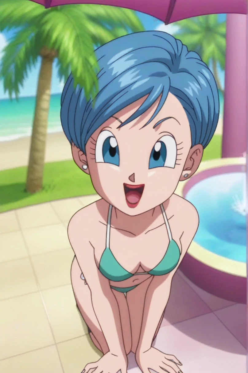 fountain_cheered up, score_9, score_8_above, score_7_above, cheered up screencap,8k, absurd resolution, 
BULMA, 1 girl, Alone, old, SMILE, short hair, bowl cut, nose,  Open mouth, Blue eyes, neckline, jewelry, medium old, blue fur, aboveper body, :d, earrings, outdoor, sky, day, cloud, blurred, tree, palm tree, Official style, cheered up coloring, portrait, medium tits, medium ass, sexy, Wide hips, Bikini, showing the ass
 