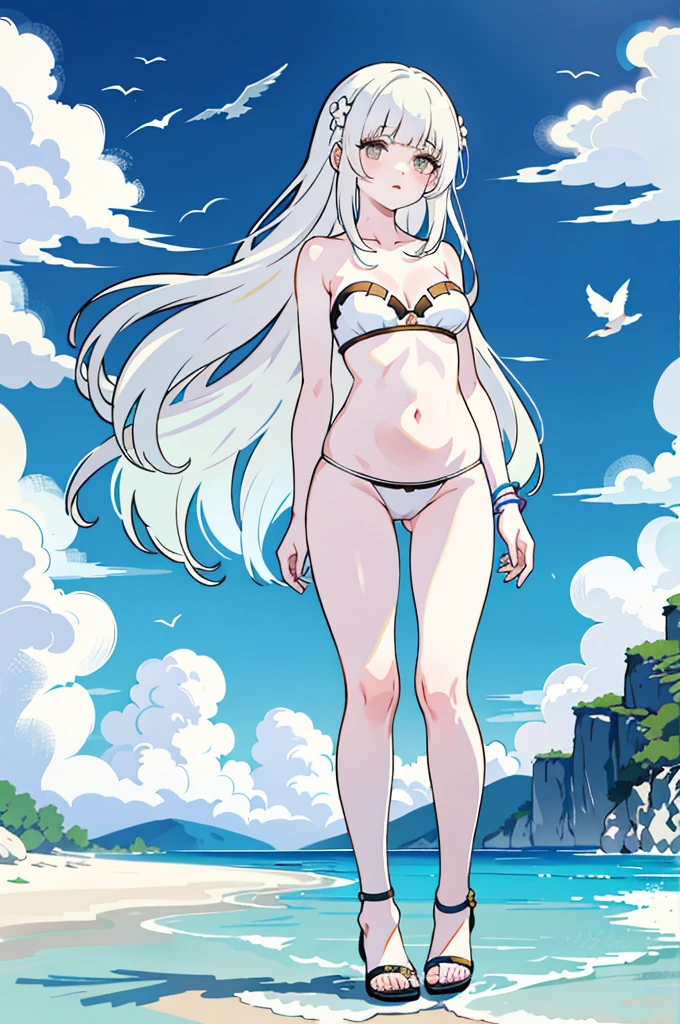 (masterpiece, top quality, best quality), (splash art), european, stunning woman on a beach, naturalistic, pale skin, (long white hair), heavenly, anklets, jewelry, beautiful tropical sea, astonishing clouds, absurd water, palms, insane detail, (wind), revealing, reefs, breathtaking, whole body, sexy pose, summer, (crystal clear water), braided bangs, birds, flowers, cold colors, (sandals), detailed swimsuit, (revealing white plunge swimsuit), belly, summer paradise, coast, mountains, detailed beach, dynamic, strapless, cleavage, standing, skimpy, lush, arms behind back
