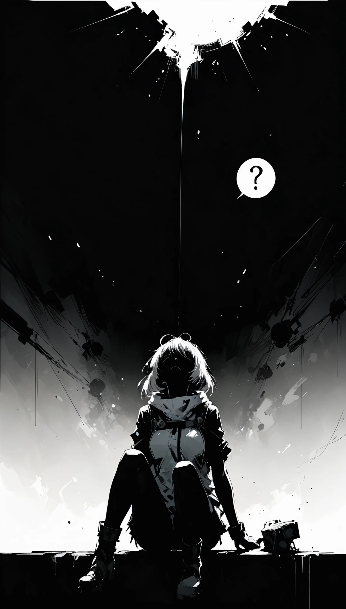 (in style of Ashley Wood:1.1), 
1girl,knees apart feet together,?,large areas of white space,black_background,minimalist background,sitting,at the bottom of the screen,(looking up side:1.5),from the side,comic,