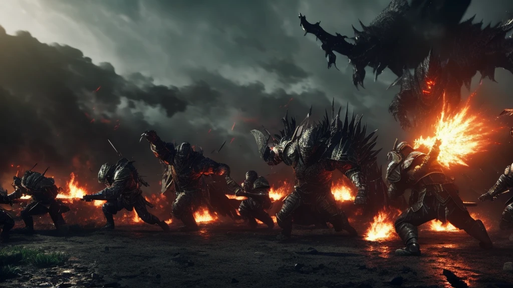 cinematic epic battle scene, massive dark monsters emerging, heroic warriors fighting in intense RPG action, 4k quality, cinematic flame trailer, dramatic lighting, highly detailed, photorealistic, masterpiece