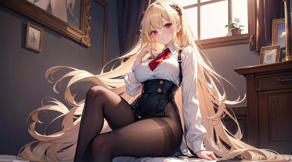 Highest quality, masterpiece, figure, wallpaper,One girl,White shirt, Light Hair, Beautiful detailed girl, Highly detailed eyes and face, Beautiful attention to detail, Shine,Browsing Caution, View your viewers, bed, night, Black Pantyhose, Straight hair, Red Eyes, long hair,Blonde, thick_Thighs, Large Breasts, Red eyes,