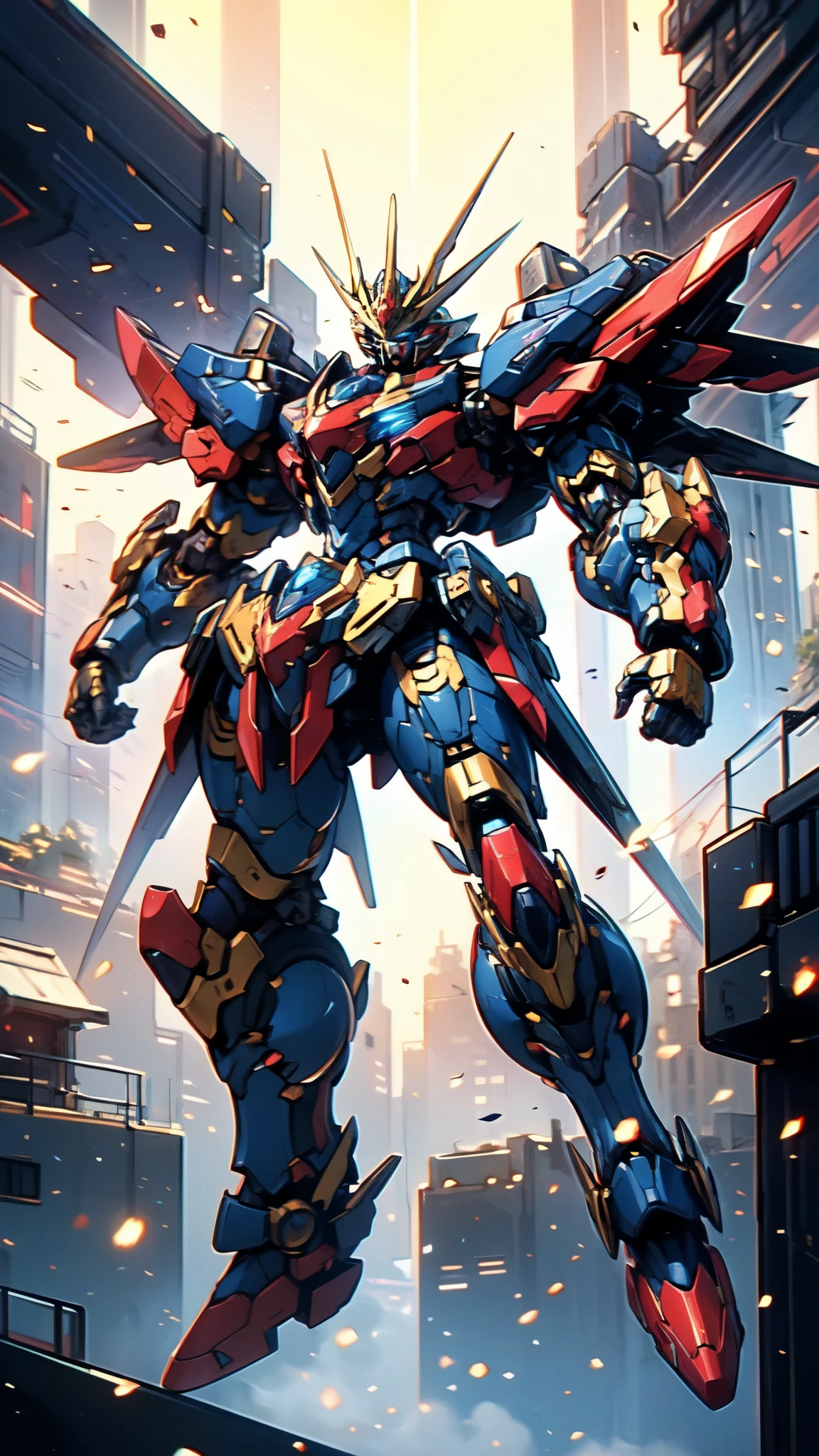 (masterpiece:1.5, best quality:1.5, extremely delicate:1.5), humanoid Mecha, fully enclosed shoulder guards, matching arm and leg guards, full body, full armor, the design balances heavy with agility, (the color scheme is primarily white with red and blue accents, the concept Inspired by Super robot, organic biotech armor, standing, floating high above the futuristic sci-fi city), exquisite and mature art style, (aura effect, energy, glowing eyes, the armor glows), metallic, dramatic, high definition, highres, ultra-detailed, ultra-fine painting, professional, perfect body proportions, anatomically correct, symmetrical face, extremely detailed eyes and face, high quality eyes, creativity, RAW photo, UHD, 32k, Natural light, cinematic lighting, masterpiece-anatomy-perfect