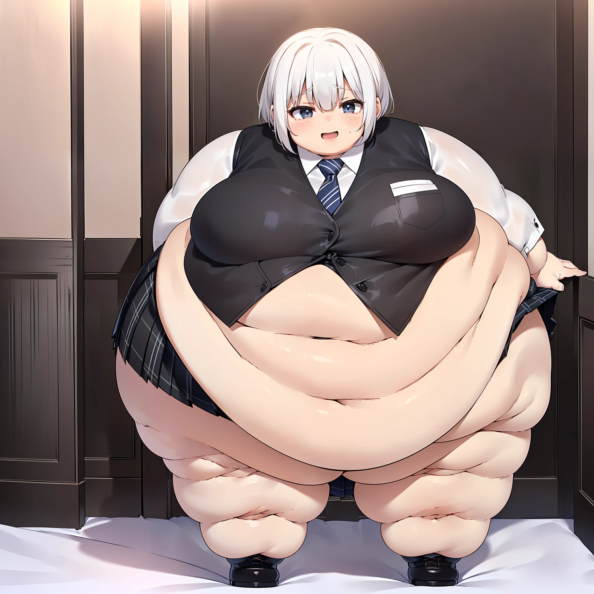 (((baby))), (((little cutie))), (((short stature))), (((White shirt, vest, vest , tie, Short skirt, Masterpiece, 4k ))), ((white hair with fringe)), ((chubby)), (((Obese))), ((Fat face)), (((big belly))), (((Open mouth))), fat and wide thighs, belly, (((tender pose ))), (((in a room))), detailed background, ((full body image)), (((fat rolls))), 