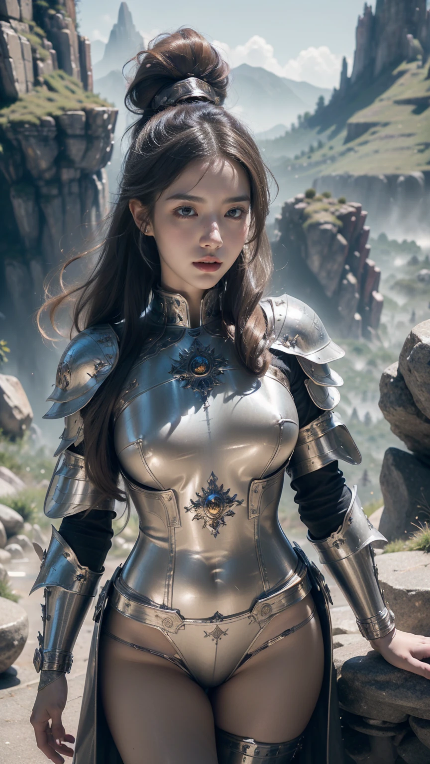 ((Front facing)), Game art，The best picture quality，Highest resolution，32K，(A bust photograph)，(Portrait)，(Head close-up)，(Rule of thirds)，Unreal Engine 5 rendering works， (The Girl of the Future)，beautiful face, (Female Warrior)， 20-year-old girl，sexy,  elegant smile, ponytail long hair, ((Hunter, Marshal gunslinger))，An eye rich in detail，(Big breasts)，Elegant and noble，indifferent，brave， （Medieval-style fur combat clothing, sexy lace top，Glowing magic lines，Animal skin clothing with rich detailedieval Lady Knight，Medieval ranger， photo poses，simple background，Movie lights，Ray tracing，Game CG，((3D Unreal Engine))，OC rendering reflection pattern