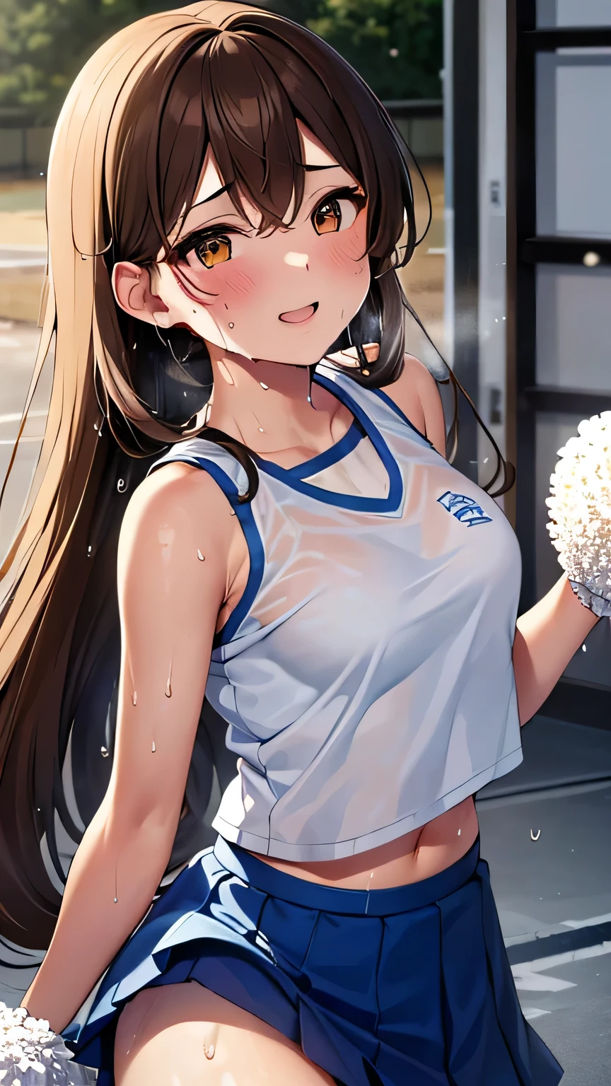 1 female,black hair,(()),(((White and blue short sleeve gym clothes and shorts)))(((blush、open mouth smile)),(((Yuki Mikan))),crowd(Baby girl body shape)(((small breasts)))se,((wet witweat))Outside playground