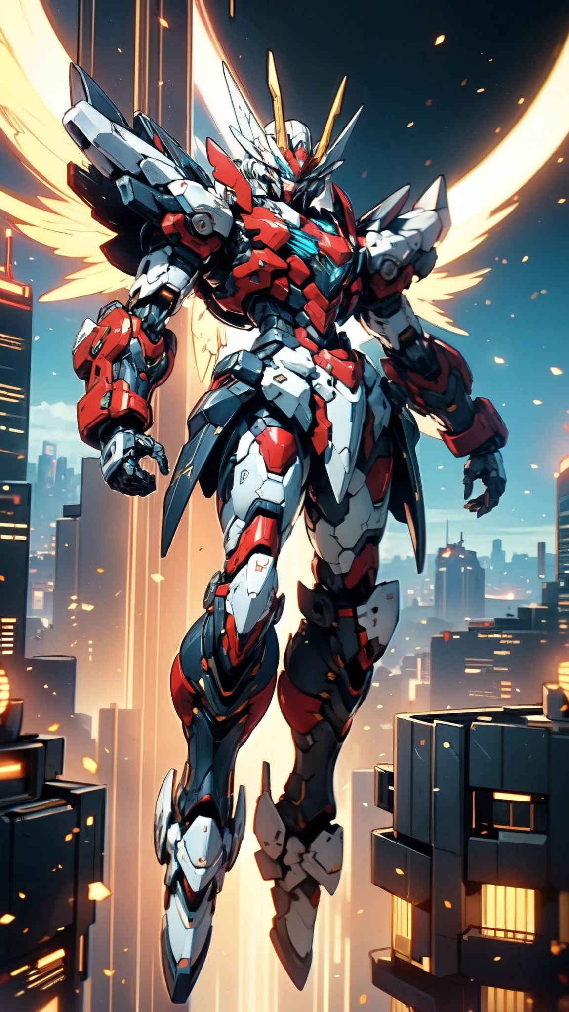 (masterpiece:1.5, best quality:1.5, extremely delicate:1.5), humanoid Mecha, fully enclosed shoulder guards, matching arm and leg guards, full body, full armor, the design balances heavy with agility, (the color scheme is primarily white with red and blue accents, the concept Inspired by Super robot, organic biotech armor, standing, floating high above the futuristic sci-fi city), exquisite and mature art style, (aura effect, energy, glowing eyes, the armor glows), metallic, dramatic, high definition, highres, ultra-detailed, ultra-fine painting, professional, perfect body proportions, anatomically correct, symmetrical face, extremely detailed eyes and face, high quality eyes, creativity, RAW photo, UHD, 32k, Natural light, cinematic lighting, masterpiece-anatomy-perfect