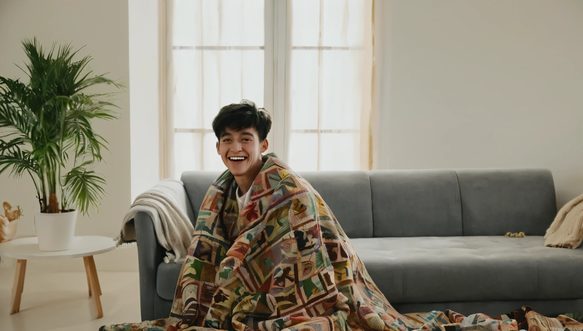 A 20-year-old boy,wrapped in a quilt,sat on the sofa in the living room,facing the camera,Happy, happy，Jump up with joy