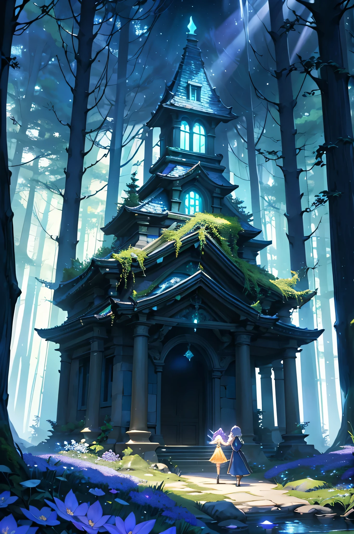 Draw a fantastic landscape of an enchanted forest at night. Giant trees with crystal trunks stand imposingly, with leaves that softly glow in shades of blue and green. On the forest floor, there is a carpet of luminescent flowers that emit a magical purple light. among the trees, small streams of crystal clear water flow gently, reflecting the light of the stars. Fairies with translucent wings fly gracefully, leaving trails of shiny dust. Ao fundo, an ancient stone temple covered in moss and ivy stands partially hidden, with arcane symbols carved into its walls that glow a golden hue.