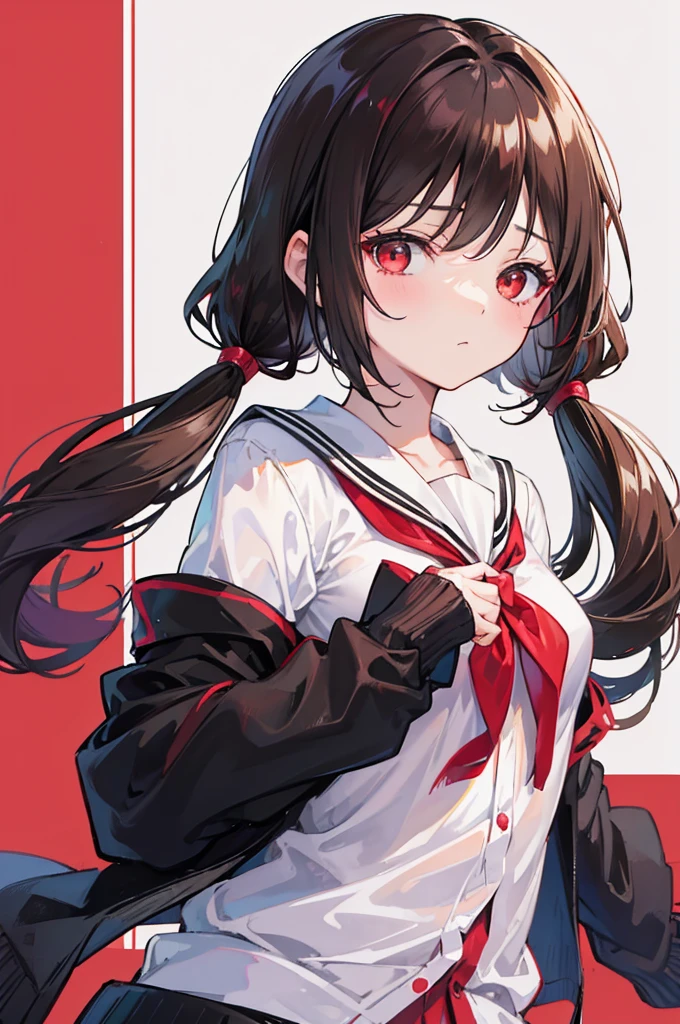 dark brown hair, short twintail, portrait, pretty girl, reticence, red eyes, Dodoham, small breasts, I closed my eyes halfway, Bored look, Bangs Garma, frill shirt, Black cardigan