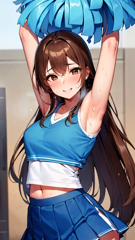 Highest quality, Soft Light, Ultra-high resolution,People Girls, alone, （Toothy smile),(Brown eyes), Beautiful face in every detail,(High resolution detail of human skin texture), (Brown long hair）, break,Cheerleader,Blue sportswear,Blue tennis skirt,(Sweat:1.3),Sigh,dancing,Outdoor