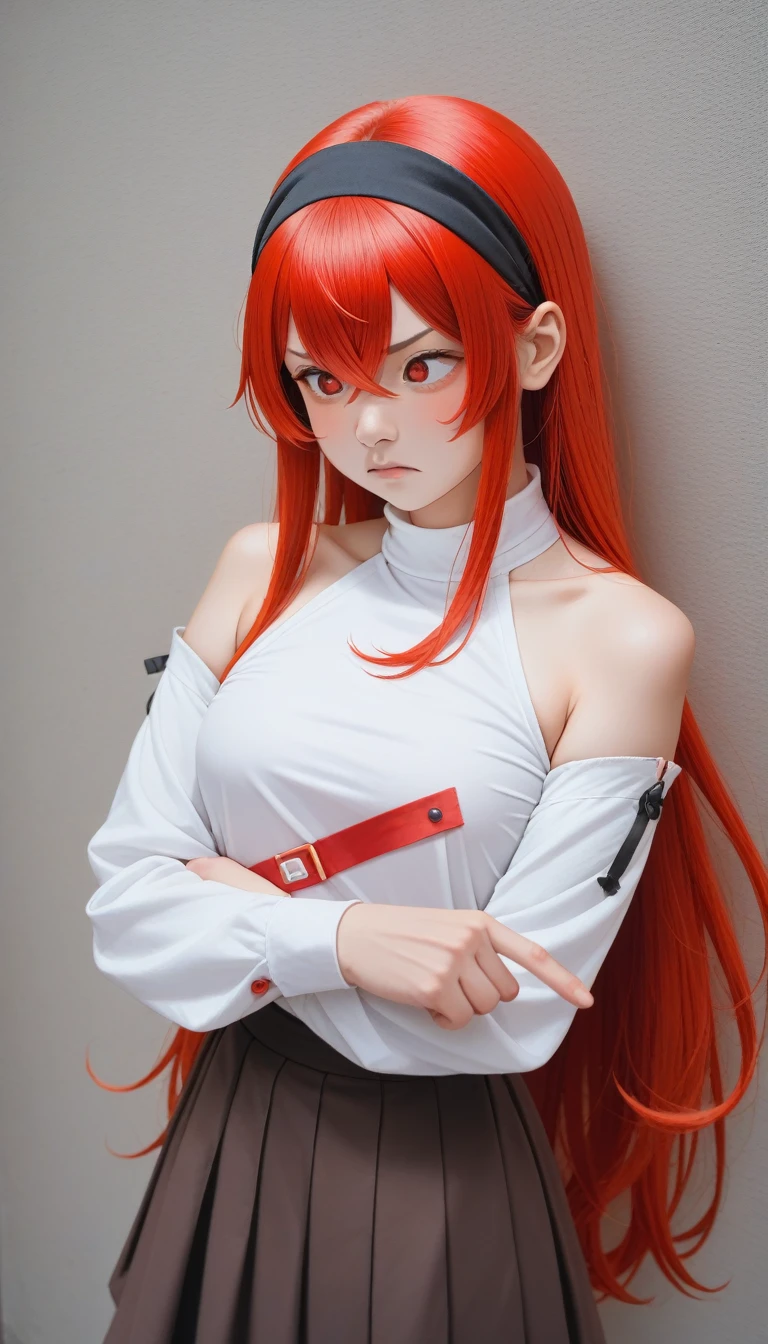 score_9_up, score_8_up, score_7_up, score_6_up,Eris Greyrat, 1 Girl, Solitary, Long hair, Ahog, Red Eyes, Red hair, Bare shoulders,Headband, Cross your arms,blush, skirt, black Headband, breast, Separate sleeves,Bangs, Hair between the eyes, Long sleeve, Hair flap, Shut up, black skirt, brown skirt, shirt, crossed Bangs, very Long hair, white shirt,biocenosis,Pointing at oneself,call out,angry,