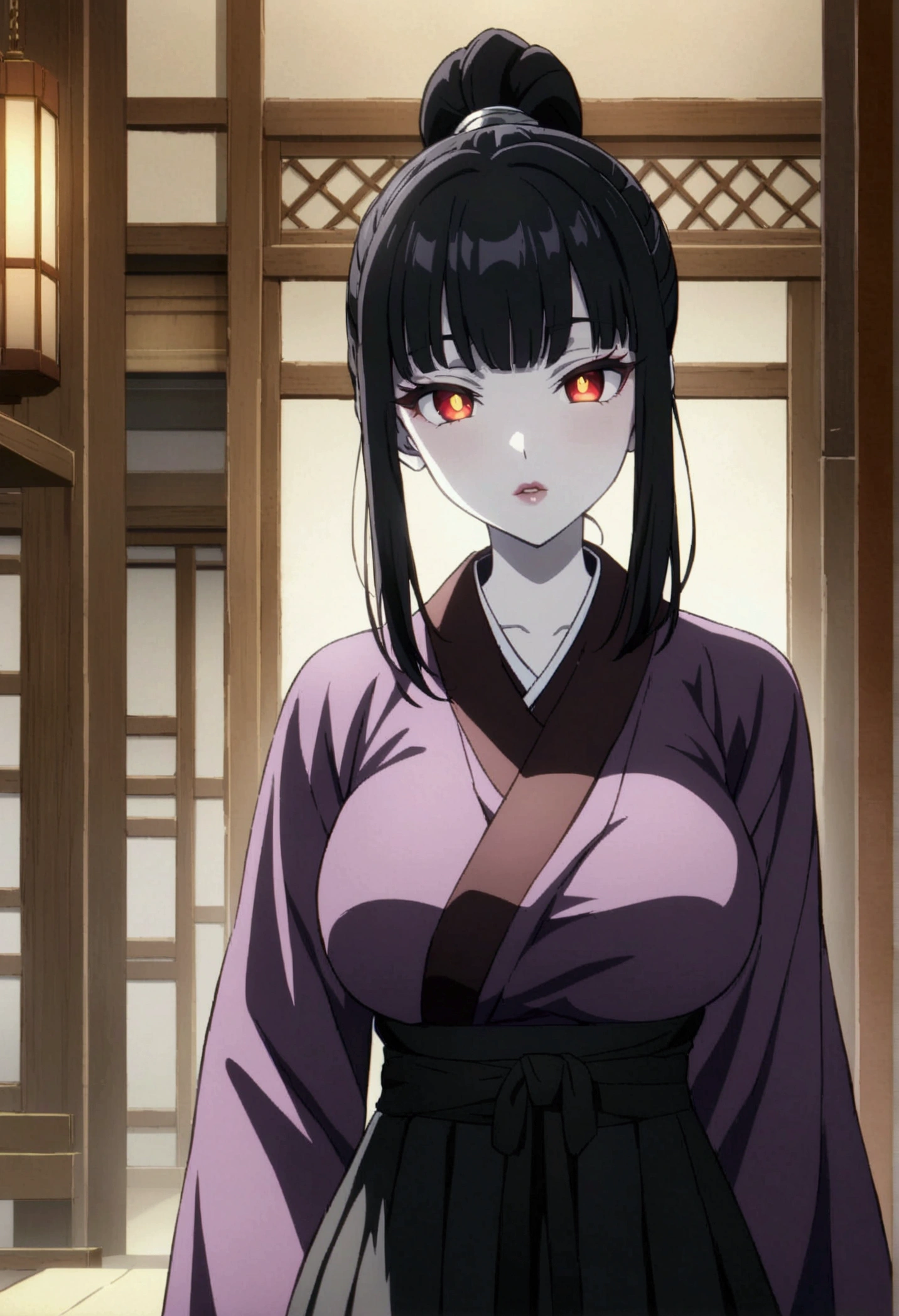 beautiful detailed eyes, beautiful detailed lips, extremely detailed eyes and face, long eyelashes, 1 girl, anime, anime style, anime girl, big breasts, tall black hair,pale skin tall ponytail, orange highlights, 6 red eyes, kanji, yellow pupils, wearing purple kimono with black hakama in kimitsu no yaiba style, masterpiece, best quality, 