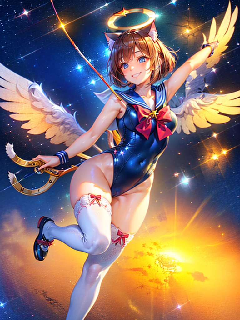 Highest quality,Highest Resolution,Masterpiece,(((A beautiful girl in a sailor leotard with a smile on her face))),High leg,Frills,White knee-high stockings,,Red tie,(((Cat ear))),(((Halation))),Brown hair short bob,(((Elaborate:archery))),White angel wings on the back,universe,Milky Way,Meteor,dark,Bow of Light,whole body,Bow of Light,A distant view,Side view,(((Draw the bow))),Halo,弓を引いている,