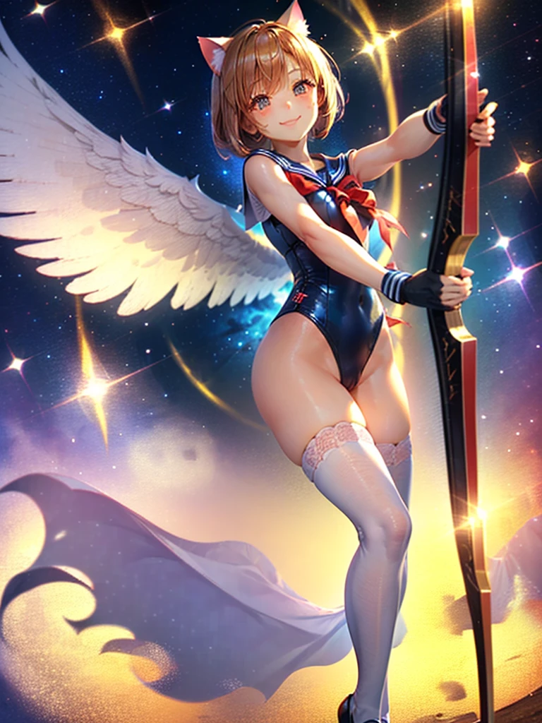 Highest quality,Highest Resolution,Masterpiece,(((A beautiful girl in a sailor leotard with a smile on her face))),High leg,Frills,White knee-high stockings,,Red tie,(((Cat ear))),(((Halation))),Brown hair short bob,(((Elaborate:archery))),White angel wings on the back,universe,Milky Way,Meteor,dark,Bow of Light,whole body,Bow of Light,A distant view,Side view,(((Draw the bow))),Halo,弓を引いている,