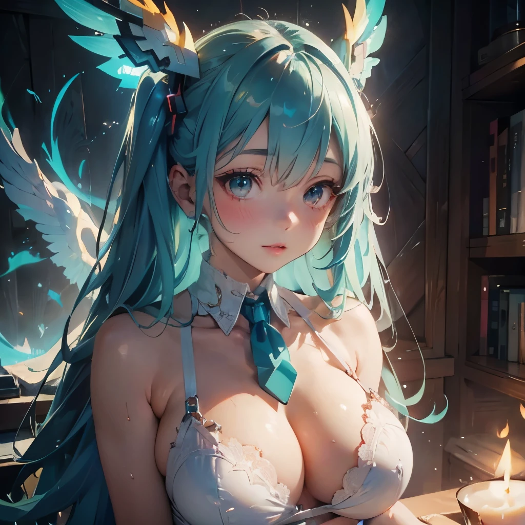 see through,Beautiful and fair、Radiant Skin, 3 Up, Gorgeous, bright, Refreshing and gentle expression, Perfect beautiful face、Beautiful shiny bangs, A very beautiful girl, Eyeliner, Very perfect eyes,Very large breasts,Grooves reveal original skin,Muscular body,White lace underwear,Hatsune Miku,Flame Phoenix