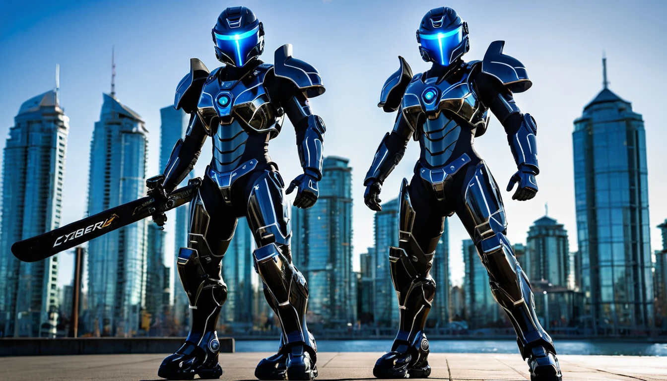 Jet black cybernetic mech suit ready for battle, battle pose, full body shot, Vancouver Canada, high-quality artwork, metal armour, intense lighting, cityscape background, heroic pose, dramatic shadows. hockey helmet with facemask with blue visor