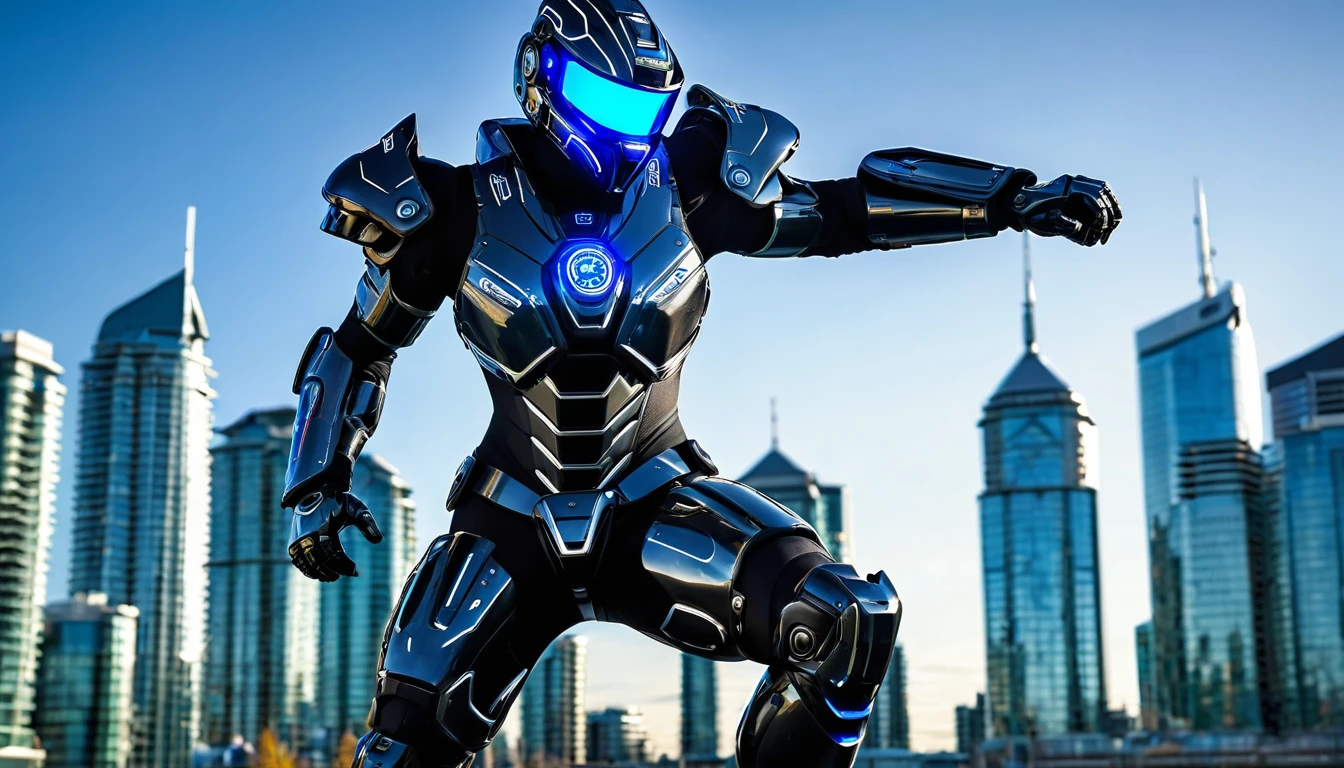 Jet black cybernetic mech suit ready for battle, battle pose, full body shot, Vancouver Canada, high-quality artwork, metal armour, intense lighting, cityscape background, heroic pose, dramatic shadows. hockey helmet with facemask with blue visor