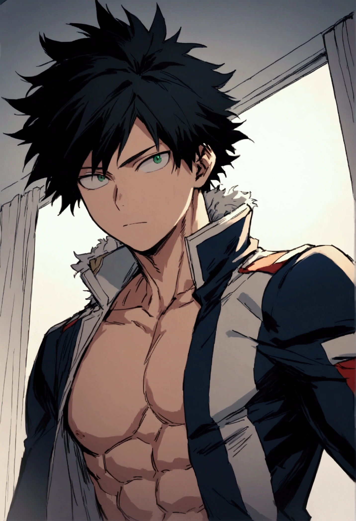 He is a 17 year old teenager, He has slightly disheveled very black hair..., somewhat light green eyes, (front angle ) , muscular body , He is dressed in the anime uniform. "my hero academia", without the shirt 