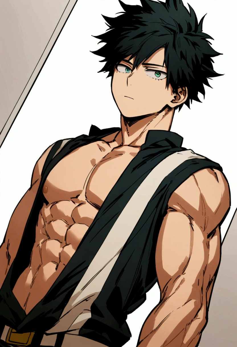He is a 17 year old teenager, He has slightly disheveled very black hair..., somewhat light green eyes, (front angle ) , muscular body , He is dressed in the anime uniform. "my hero academia", without the shirt
