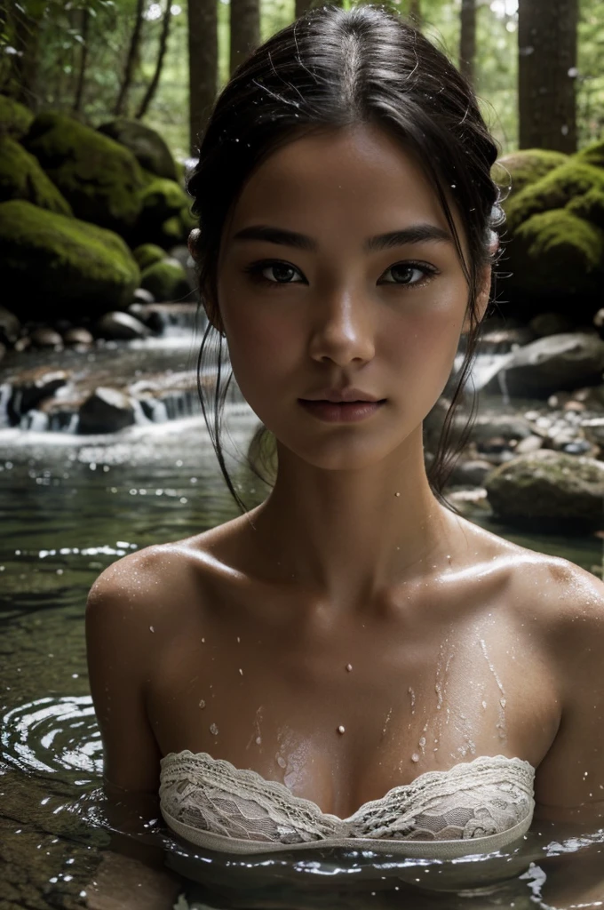 Best quality, masterpiece, super high resolution, a super model soaking in a hot spring in Japan, outdoor hot spring, stone hot spring, surrounded by moss and trees, super beautiful face, pure body, clear pores visible, (smile:0.8), wearing split (lace bandeau:1.2), (realism:1.5), original photo, soaked body, covered in sweat, bare shoulders, in the dark, deep shadows, low-key, cold light