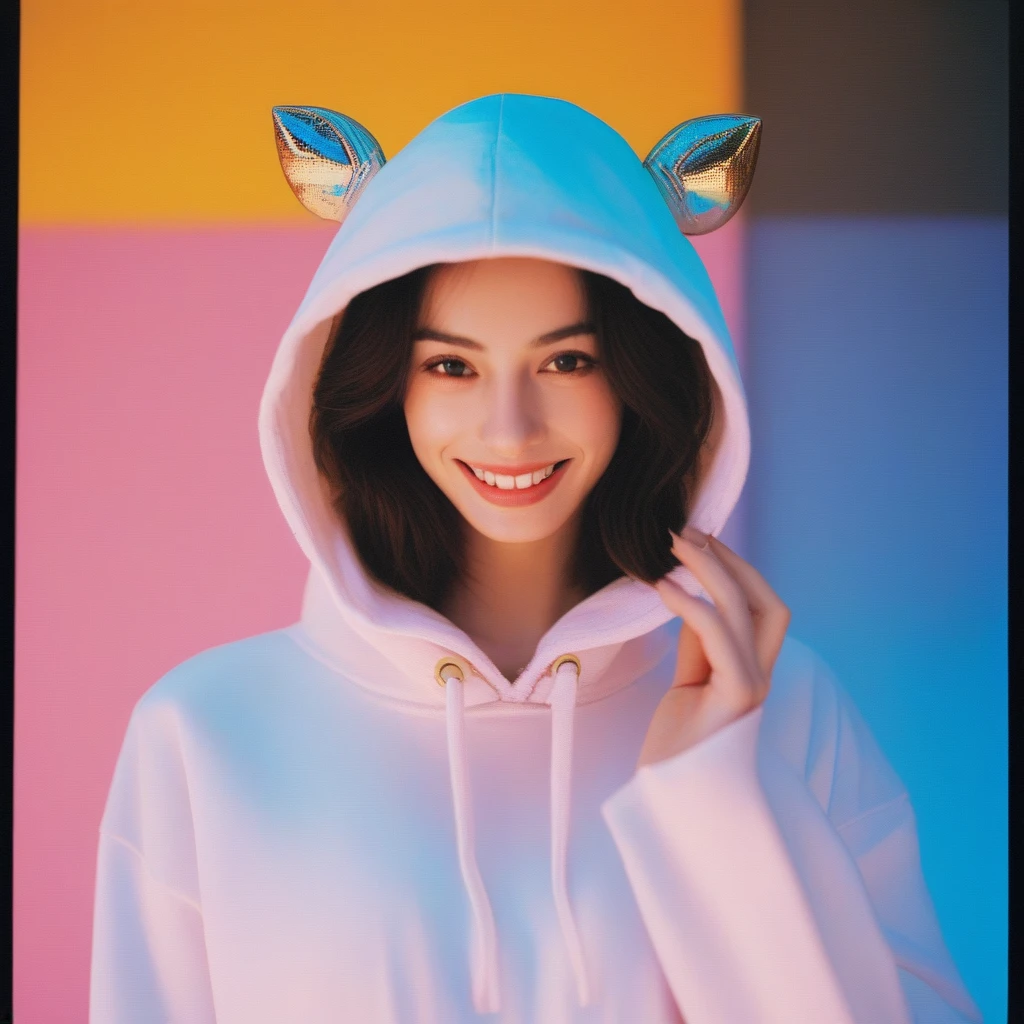 Realistic photo of a beautiful face Japanese Mechanical woman,still from the film, (Anne Hathaway look alike face: 0.9), happy smile, wearing cute chibi robot hoodie, playful posture, full body, neon holographic, prismatic, PVC, Vinyl, fine luster, pastel color background, Leica SL3, Summicron-SL 75 f/2 ASPH, Kodak Gold 200 film, silhouette, shallowed depth of field, dynamic hands up,