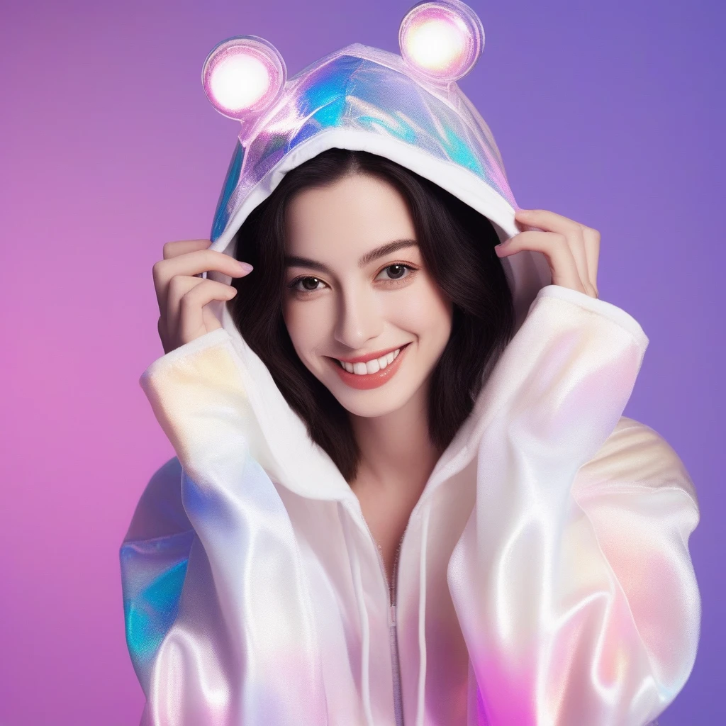 Realistic photo of a beautiful face Japanese Mechanical woman,still from the film, (Anne Hathaway look alike face: 0.9), happy smile, wearing cute chibi robot hoodie, playful posture, full body, neon holographic, prismatic, PVC, Vinyl, fine luster, pastel color background, Leica SL3, Summicron-SL 75 f/2 ASPH, Kodak Gold 200 film, silhouette, shallowed depth of field, dynamic hands up,