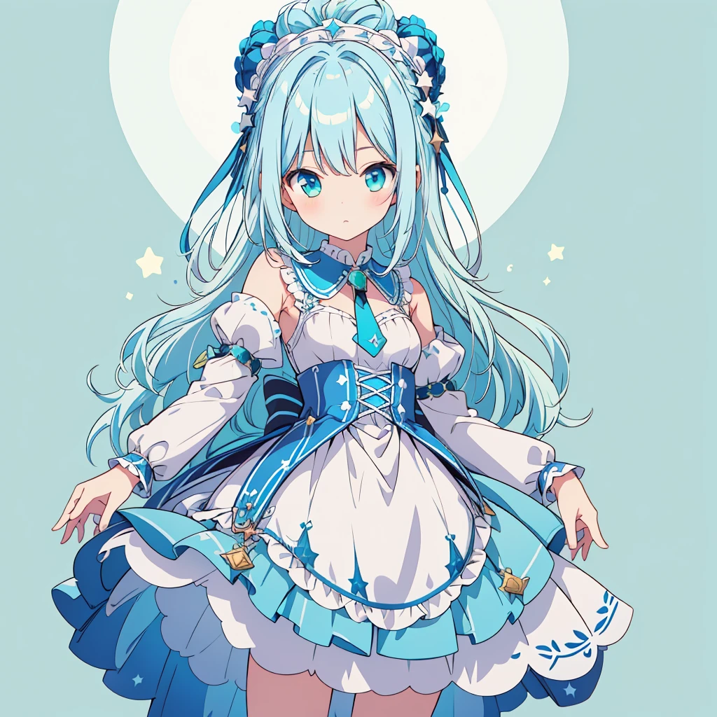 1girl、Star Fairy、Star incarnation、Character design front view、A picture facing the viewer、(((Super detailed、Highest quality、Masterpiece)))、Original cute hairstyle、Milky white and blue hair color、Simple Green Background、vtuber-fullbody,Alice、