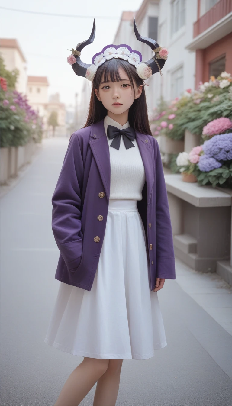 score_9_up, score_8_up, score_7_up, score_6_up,masterpiece, best quality, high resolution, hmsl1, Horned headdress, hair flower, x Hair accessories, White sweater, Purple Jacket, flower, Long sleeve, Open clothes, Black bow, Sleeves over wrists, skirt, Cowboy shooting, outdoor, street, permanent